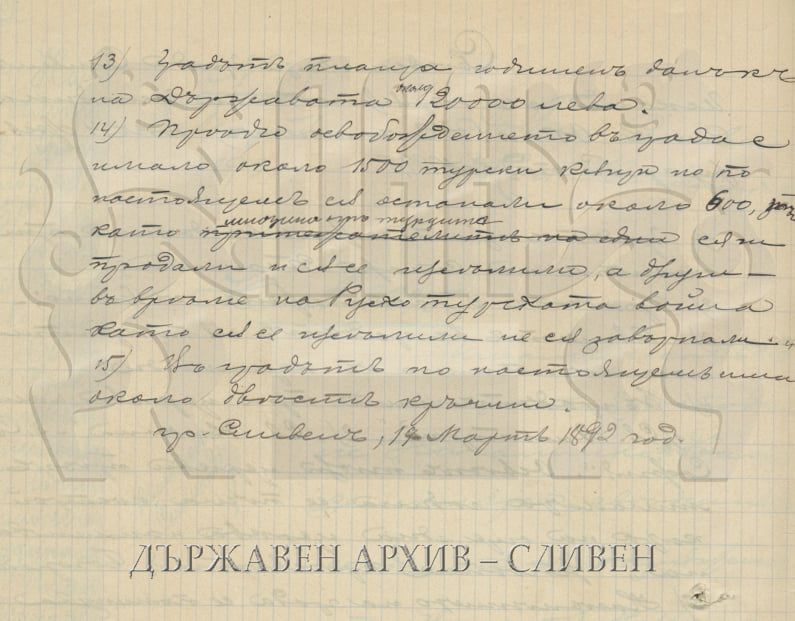 Държавен архив с информация за Сливен и населението през 1892 година